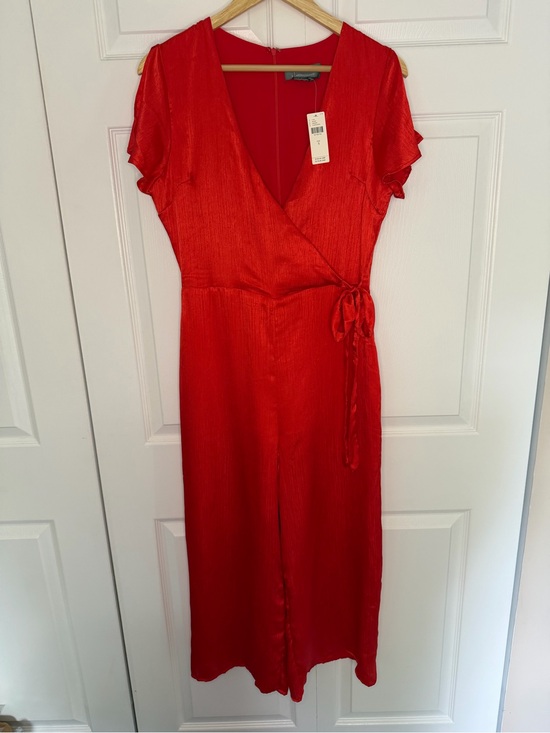 Anthropologie Pants - NEW Anthropologie Maquelle Red Satin Jumpsuit Womens Small Wide Leg Short Sleeve